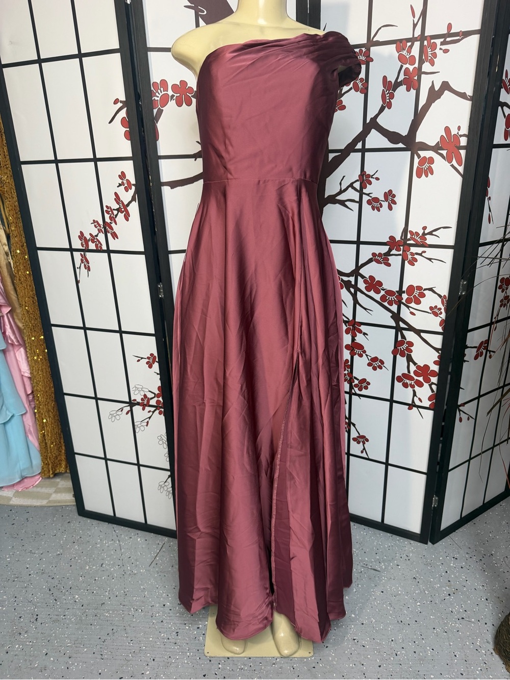 One-Shoulder Burgundy Evening Gown
